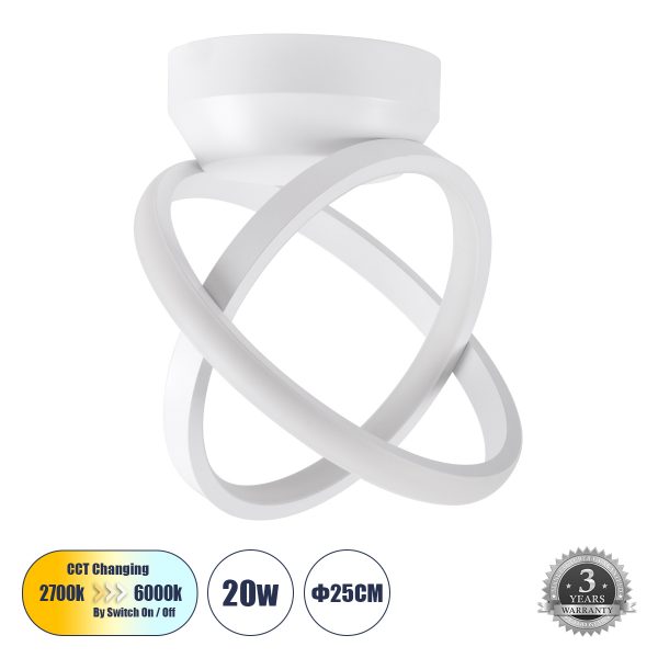AMELIA 61053 Φωτιστικό Οροφής Design LED CCT 20W 2400lm 300° AC 220-240V - Εναλλαγή Φωτισμού μέσω Διακόπτη On/Off All In One Ψυχρό 6000k+Φυσικό 4500k+Θερμό 2700k Μ24.5 x Π16 x Υ25cm - Λευκό